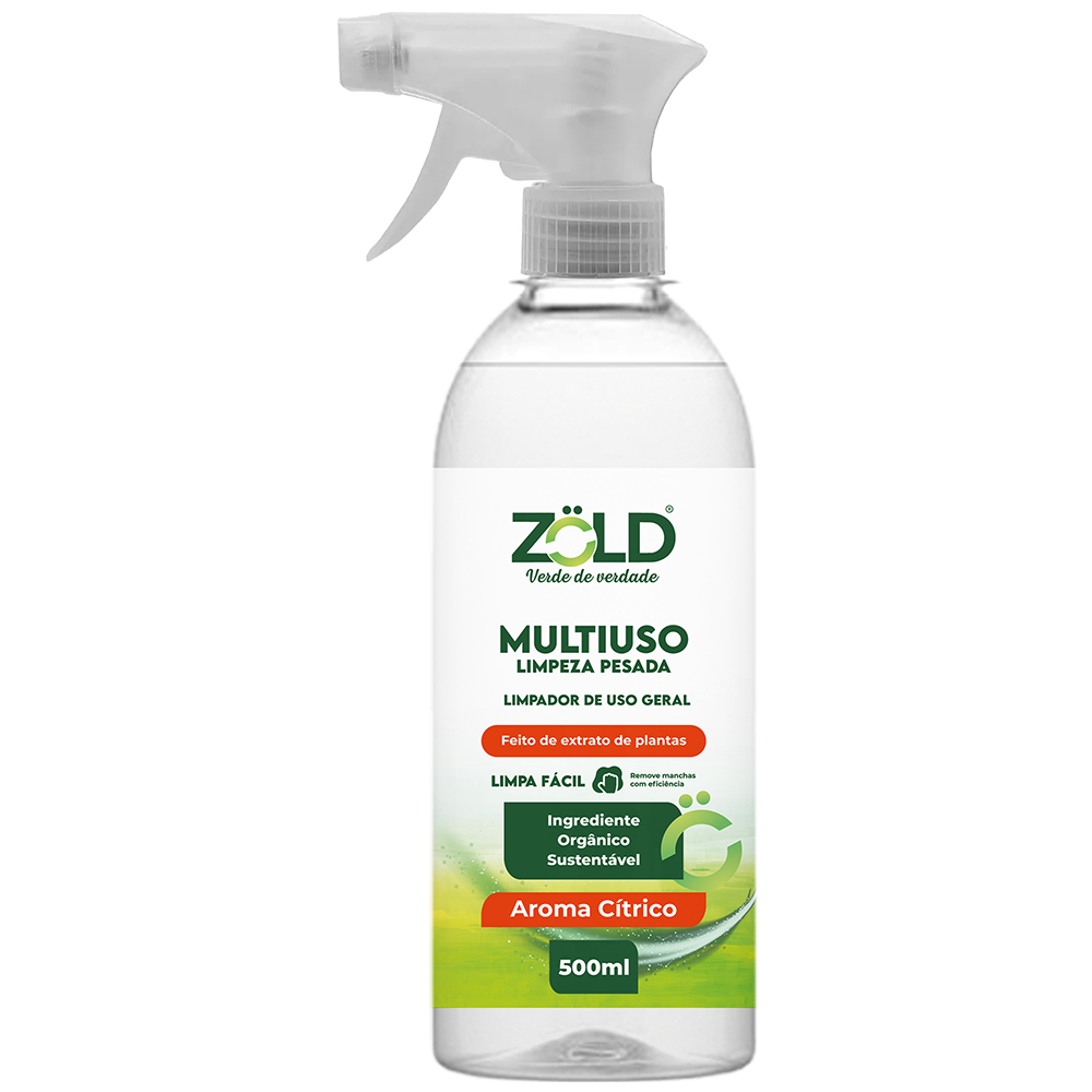 MULTIUSO LIMPEZA PESADA AROMA CÍTRICO 500ML Zöld. Fórmula inteligente que limpa, protege e respeita sua saúde e o meio ambiente. Limpa-vidros Zöld sua casa mais limpa e reluzente. Produtos de Limpeza 100% Vegetais, Seguros para sua Família e para o Planeta