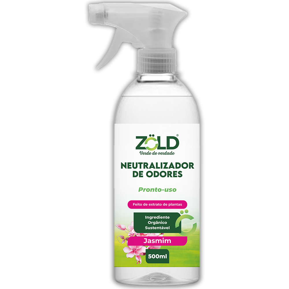 NEUTRALIZADOR DE ODORES JASMIM 500ML Zöld. Fórmula inteligente que limpa, protege e respeita sua saúde e o meio ambiente. Limpa-vidros Zöld sua casa mais limpa e reluzente. Produtos de Limpeza 100% Vegetais, Seguros para sua Família e para o Planeta